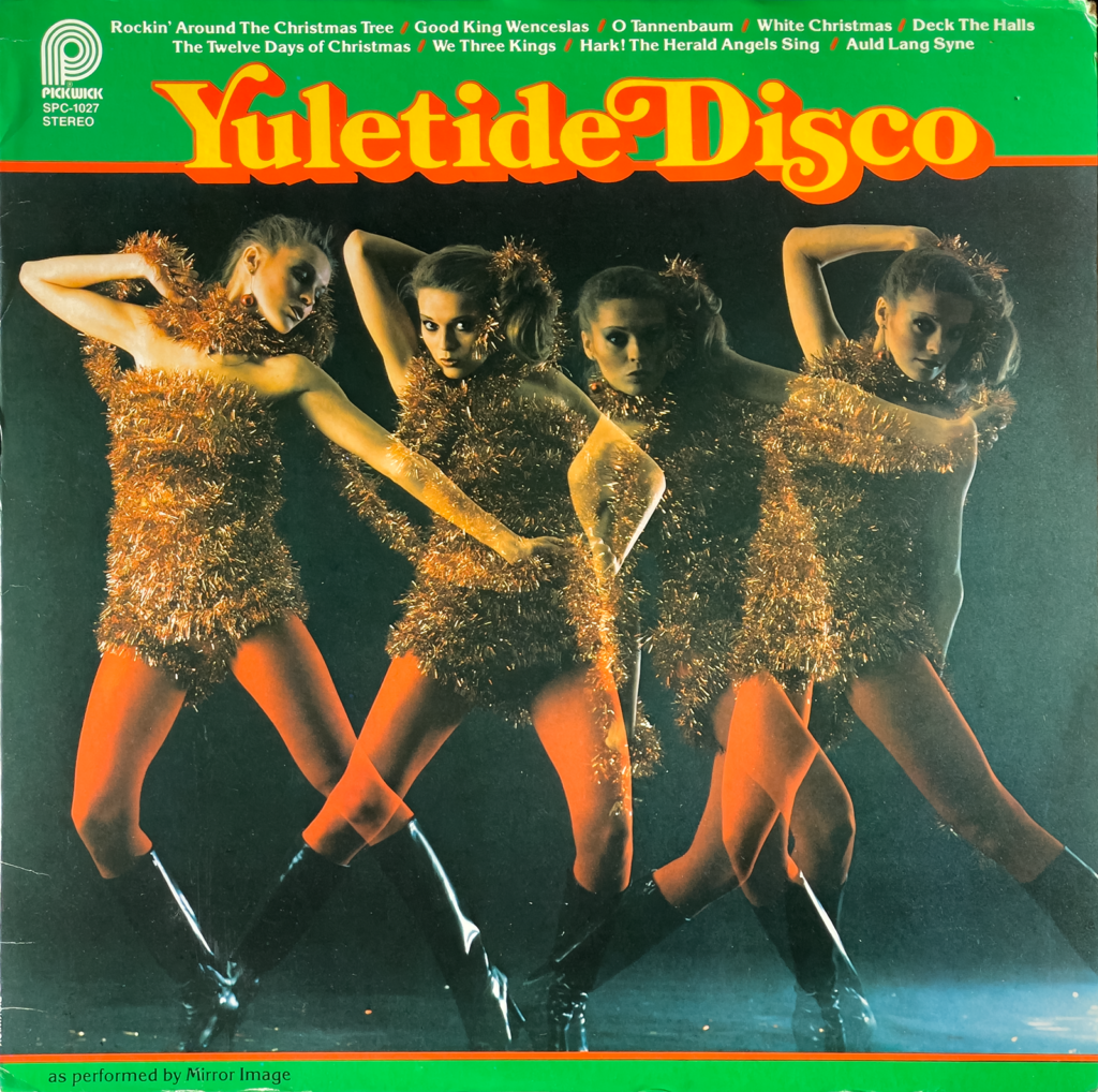 Record sleeve of "Yuletide Disco" featuring a woman disco dancer covered in gold tinsel. The image was taken under strobe light with the camera shutter open to create a "mirror image" of four dancers. 