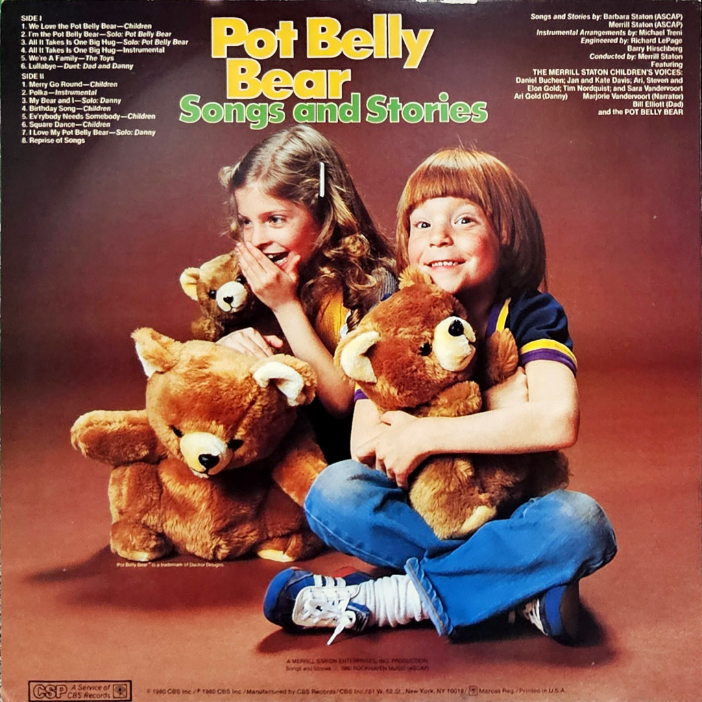 This is an image of a record sleeve for "Pot Belly Bear Songs and Stories." The background is brown with a central, large, bold title text in yellow and white reading "Pot Belly Bear Songs and Stories." Below the title, smaller text lists the songs on Side 1 and Side 2.

In the foreground, two smiling children, one girl and one boy, are holding plush pot belly bears. The girl, on the left, is slightly whispering into the ear of the boy, suggesting a playful, secretive interaction. Both children are casually dressed, the girl in a blue and yellow outfit, and the boy in a striped shirt and jeans, each holding a bear lovingly.

At the very bottom, it mentions the record's manufacturing details, including "©1980 CBS Inc." and printed in the USA.

Overall, the sleeve promotes a warm, child-friendly vibe, aiming to attract young listeners with its inviting design and content.