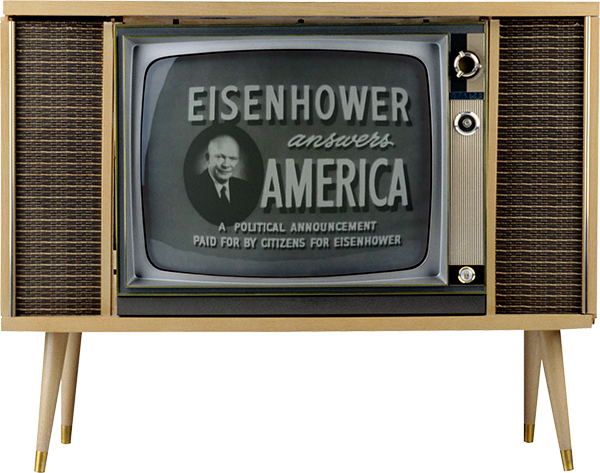 The image shows a vintage television set displaying an old black-and-white political advertisement. The TV is encased in a wooden frame with built-in speakers on either side, featuring a classic mid-century design with short, angled legs. The screen displays the text "EISENHOWER answers AMERICA" with a small portrait of Dwight D. Eisenhower to the left of the text. Below, the ad notes that it is "A POLITICAL ANNOUNCEMENT PAID FOR BY CITIZENS FOR EISENHOWER." The TV knobs are visible on the right side of the screen, typical of the design from the 1950s. The image evokes the era of early television and the use of the medium for political campaigning.