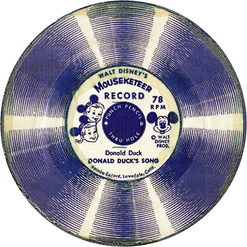 The image is of another vintage Walt Disney’s Mouseketeer Record, specifically a 78 RPM flexi-disc. The label in the center features drawings of a boy and a girl wearing Mickey Mouse ear hats, representing Mouseketeers, and also includes a picture of Mickey Mouse. The title of this record is "Donald Duck's Song." The record itself has a circular design with alternating light and dark bands, creating a striped appearance. The label mentions "Punch Pencil Thru Holes" and indicates that it was produced by "Rainbo Records, Lawndale, Calif." The record is designed for children to punch through the center for use, likely in a children's phonograph or similar device.