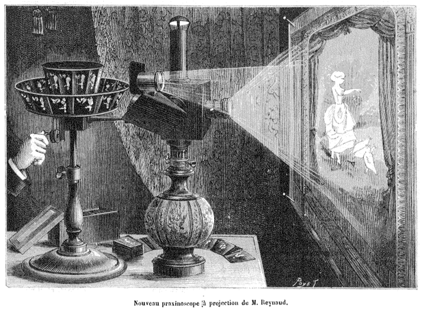 The image is an illustration of an early projection device, specifically the praxinoscope Théâtre Optique invented by Émile Reynaud. The device is shown in a side view, with a hand turning a crank on the left. The praxinoscope is mounted on a decorative base, and a series of mirrors inside the device reflect images that are illuminated and projected onto a screen on the right. The projected image on the screen shows a figure in motion, creating the illusion of animation. The caption below the image reads, "Nouveau praxinoscope à projection de M. Reynaud," which translates to "New projection praxinoscope by Mr. Reynaud." The overall scene is depicted in a detailed, black-and-white engraving style, showcasing the intricate mechanics of this early animation device.