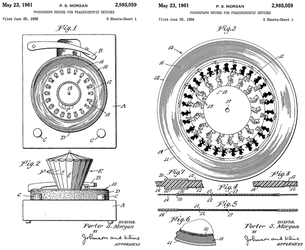 The image is a patent drawing for a "Phonograph Record for Praxinoscopic Devices" by P. S. Morgan, filed in 1956 and granted in 1961. It depicts a device combining a phonograph record with a praxinoscope, an early animation machine. The top-down and side views show how the record rotates under a conical mirror system to animate images arranged in concentric rings. The patent details the mechanics of how the images on the record create motion when viewed through the praxinoscope's mirrors.