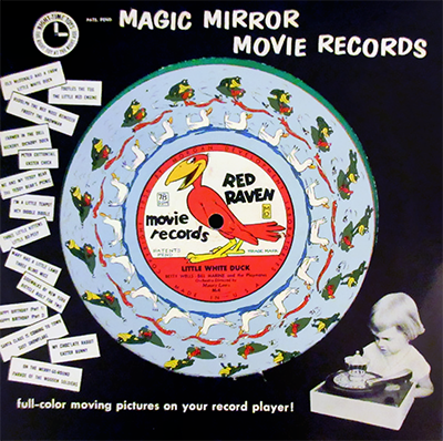 The image is a cover for "Magic Mirror Movie Records." The central feature is a Red Raven Movie Record titled "Little White Duck," with the iconic Red Raven logo in the center. Surrounding the record are colorful illustrations of ducks and other characters that are animated when played with the Magic Mirror. The cover prominently displays the title "Magic Mirror Movie Records" at the top in white text against a black background. On the left side, a list of various song titles from the record collection is shown, and at the bottom right, a small black-and-white photograph of a child watching the Magic Mirror in action on a record player is included. The tagline at the bottom reads, "full-color moving pictures on your record player!" The design emphasizes the unique and entertaining experience provided by these animated records.