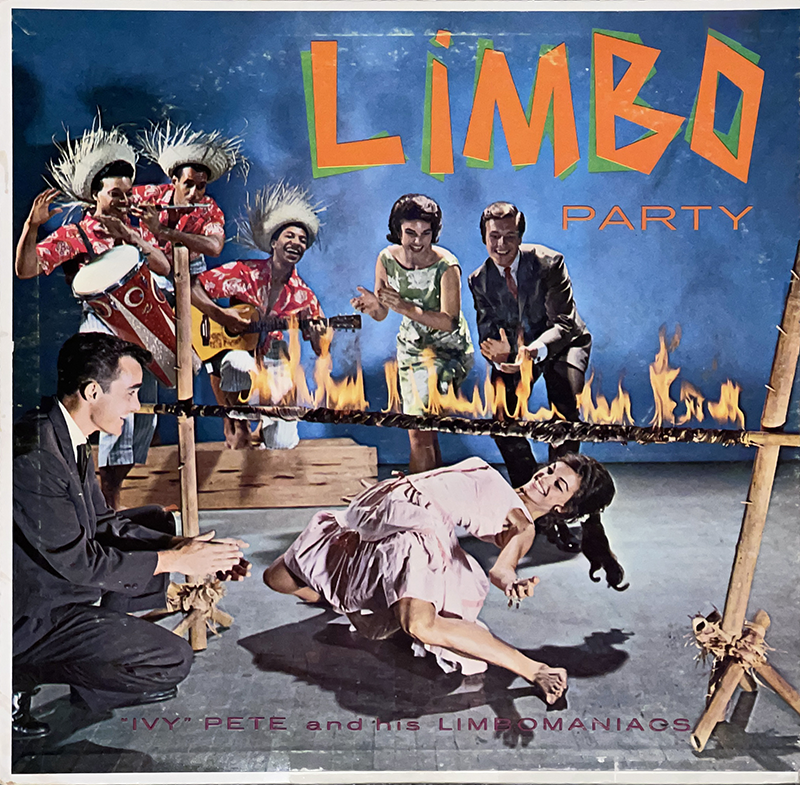 The image depicts the front cover of the album "Limbo Party" by Ivy Pete and his Limbomaniacs. The vibrant scene captures a lively limbo dance party. In the foreground, a woman in a pink dress is gracefully bending backwards under a flaming limbo stick, while a man in a suit kneels nearby clapping. In the background, a band consisting of four men, dressed in colorful shirts and straw hats, are playing instruments and cheering. The background and the title "Limbo Party" are both embellished with bright, fiery colors that convey the album's energetic theme.