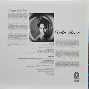 The back cover of C'Mon and Hear by Della Reese features a black-and-white design with a centered portrait of Della Reese in a circular frame. To the left, there is a detailed biography discussing her career, vocal style, and rise to fame. To the right, another section elaborates on her achievements in music and television. Below, the tracklist is divided into two sides, listing song titles along with their runtimes and composer credits. At the bottom, the Pickwick Records logo, catalog number "SPC-3638," and "STEREO" label are present. The layout is structured with serif fonts, creating a formal and elegant presentation.