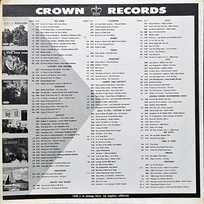 This is the back cover of the 2 in Blues album by Bobby "Blue" Bland and Johnny Guitar Watson, released on Crown Records. The layout features a catalog of various Crown Records releases, categorized into genres such as Big Band, Country and Western, Dixieland, Classics, Percussion, Movies and Shows, Children's Music, Hymns, Hawaiian, Rock & Roll – Rhythm & Blues, Latin, Golden Strings Background Music, and Christmas. The left side of the cover includes images of other Crown Records album covers. At the bottom, the label's address is listed as 1435 S. La Cienega Blvd, Los Angeles, California.