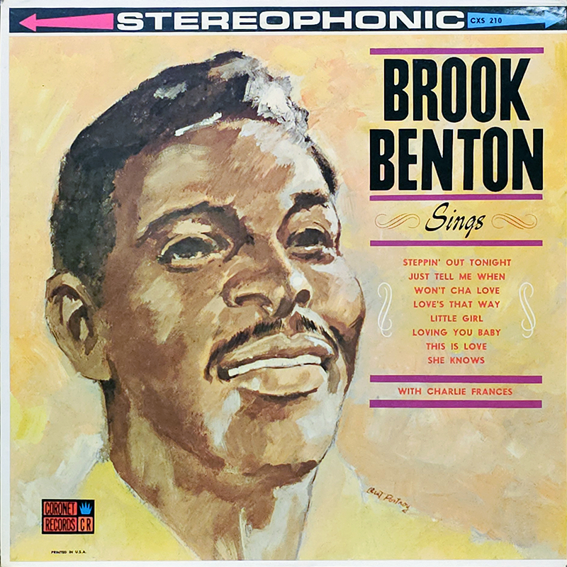 Album cover for Brook Benton Sings, released by Coronet Records. The cover features a painted portrait of Brook Benton with a warm, smiling expression against a yellow-toned background. The album title and artist's name are displayed in bold black letters on the right side, with 'Sings' in elegant script below. A list of songs appears in red text. The 'STEREOPHONIC' label is prominently displayed at the top, and the Coronet Records logo is in the bottom left corner.