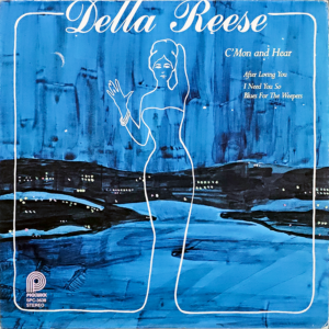 The album cover for C'Mon and Hear by Della Reese features a stylized blue-toned illustration of a cityscape at night with a minimalistic white line drawing of a woman in a flowing gown raising one hand. The background is deep blue with abstract watercolor-like textures, and scattered dots of light represent distant buildings. The album title and tracklist are written in white serif font in the upper right, while "Della Reese" is prominently displayed in elegant cursive at the top. The Pickwick Records logo is in the lower left corner along with the catalog number "SPC-3638" and "STEREO" label.