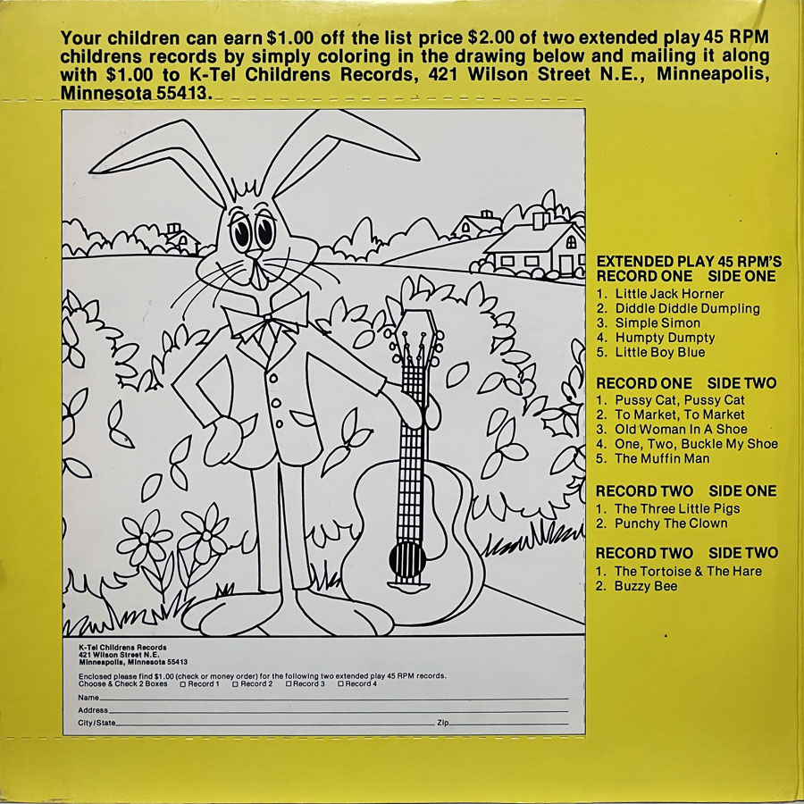 Another yellow promotional panel featuring a second coloring page. This one shows the tuxedoed rabbit standing upright in a field holding an acoustic guitar, with a countryside scene in the background. The offer is repeated: color the drawing and send it with $1.00 to get a discount on two K-tel 45 RPM records. Titles listed include “The Muffin Man,” “Humpty Dumpty,” and “Punchy the Clown.” A mailing form is also at the bottom.