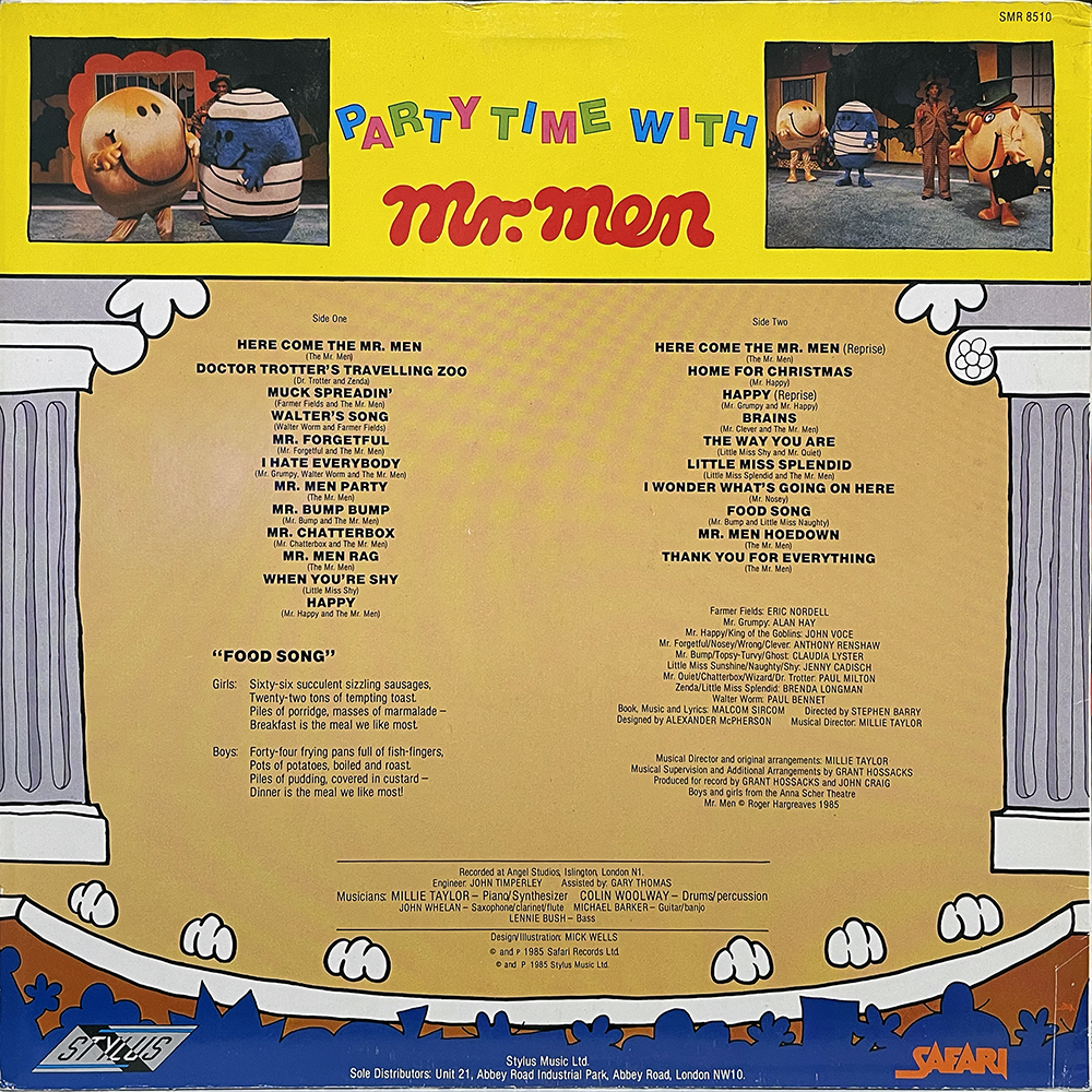 Back cover of the Party Time with Mr. Men album featuring two photos of Mr. Men puppets from the TV show at the top. The tracklist is divided into Side One and Side Two with titles like “Doctor Trotter’s Travelling Zoo,” “Mr. Bump Bump,” “Happy,” and “Mr. Men Hoedown.” A playful “Food Song” poem is printed in the middle. Credits and production info are listed at the bottom. Decorative cartoon-style columns and clouds border the design. Logos for Stylus Music Ltd. and Safari appear in the corners.