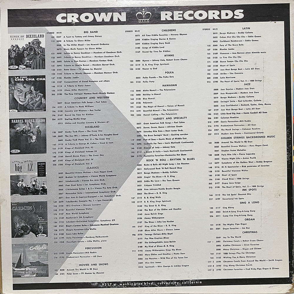 The back of the The Magic of Hawaii record sleeve showcases a black-and-white catalog from Crown Records, listing dozens of albums categorized by genre: Big Band, Children's, Dixieland, Hymns, Hawaiian, Jazz, Rock & Roll, Polka, Latin, and more. Small images of other Crown album covers are shown along the left side. The Hawaiian section includes titles like The Magic of Hawaii – 1,000 Strings and The Voices of Hawaii – Vision of Hawaii. At the bottom is the address: “9317 W. Washington Blvd., Culver City, California.”
