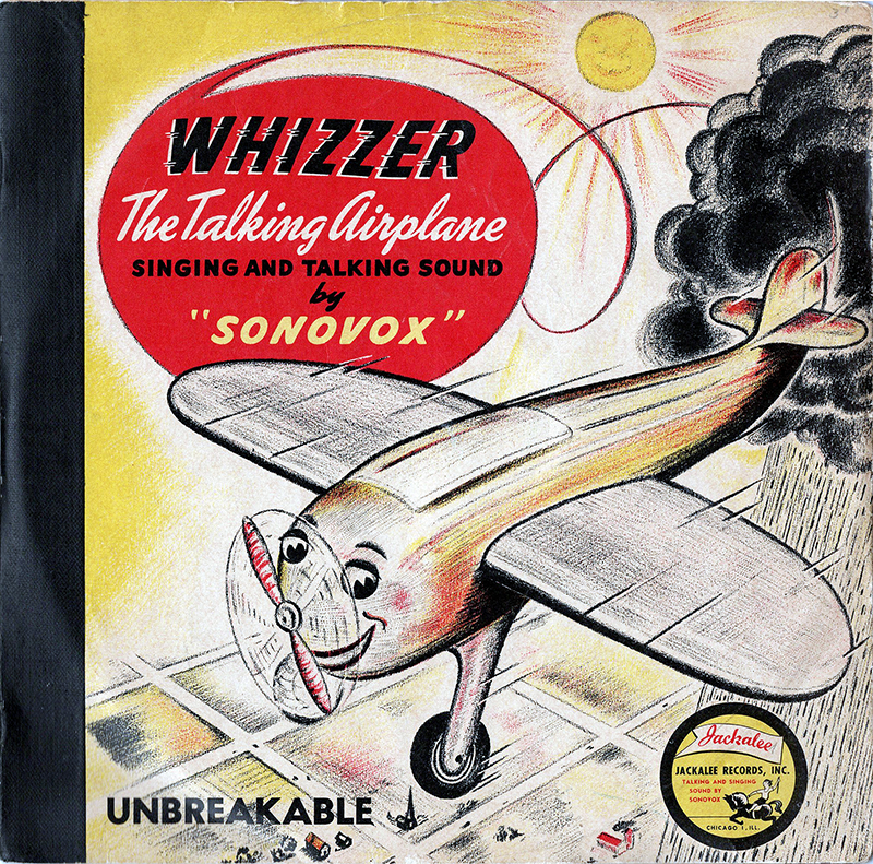A vintage illustrated album cover showing a smiling cartoon airplane with expressive eyes, a red-striped spinning propeller as a mouth, and curved eyebrows. The plane flies over a city grid with smoke rising behind it and the sun shining above. The title reads “Whizzer the Talking Airplane” with a note that the singing and talking sound is by Sonovox. A Jackalee Records logo appears in the bottom corner.